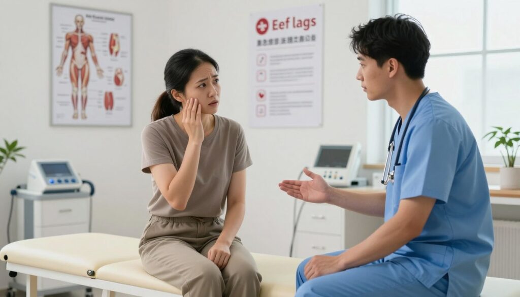 A medical consultation scene set in a bright, professional clinic. In the foreground, a concerned patient wearing modest casual clothing sits on an examination table, looking anxious yet hopeful as they discuss their symptoms with a compassionate physical therapist dressed in professional attire. The middle ground showcases medical diagrams of the hamstring muscles and signs denoting “red flags” (urgent symptoms to watch for) on a nearby wall. The background features medical equipment and a calming atmosphere with soft, diffused lighting, enhancing the sense of trust and professionalism. The image conveys a sense of urgency balanced with care, making it perfect for an article discussing symptoms and when to seek medical help.