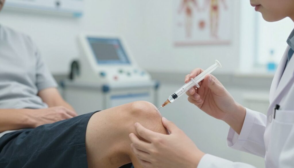 A modern medical setting featuring a close-up view of a healthcare professional performing viscosupplementation on a patient's knee. The foreground highlights a syringe filled with hyaluronic acid, emphasizing its clarity and texture. In the middle, a healthcare provider, dressed in professional attire, is gently injecting the substance into the knee joint of a patient, who is seated comfortably in a medical examination room. The background shows medical equipment and anatomical posters, conveying a clinical atmosphere. Soft, natural lighting illuminates the scene, creating a calm and reassuring mood. The angle is slightly tilted downward, focusing on the knee and injection process, capturing the essence of the treatment.
