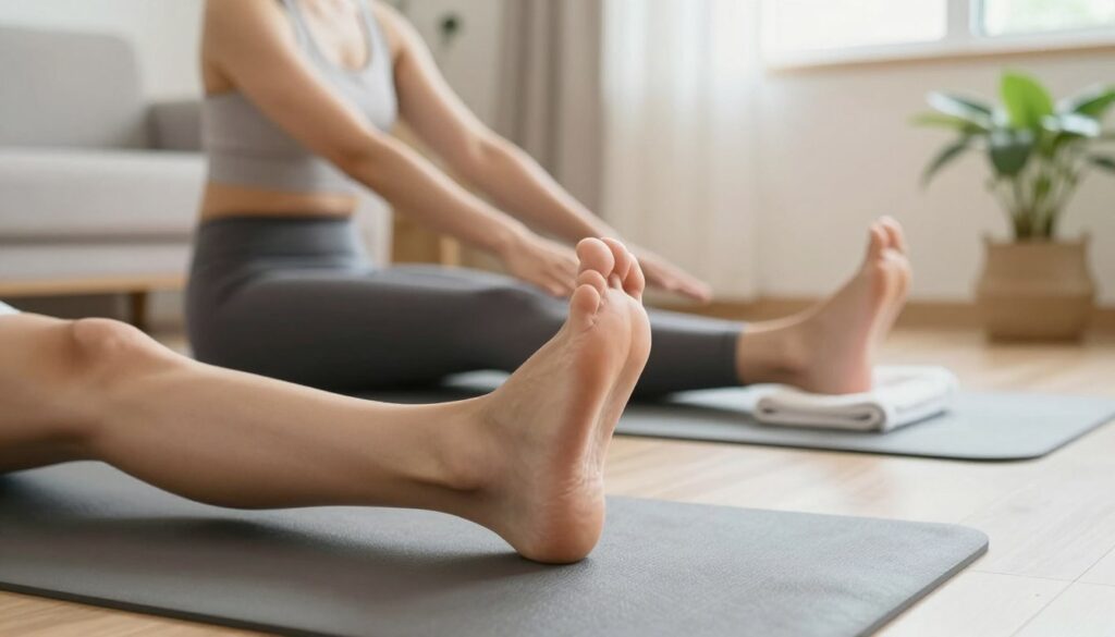A pair of feet performing various stretching and strengthening exercises on a soft yoga mat. In the foreground, a close-up of a foot pressing down on a foam roller, showcasing the arch and toes visibly engaged in the motion. In the middle ground, a person in modest athletic wear is engaging in a toe stretch with one foot balanced on a towel, their focus evident as they maintain good posture. The background features a serene, well-lit home environment with minimalistic decor, a potted plant, and natural light filtering through a window, creating a calming atmosphere. Soft, diffused lighting enhances the feel of relaxation and focus, inviting viewers into a space dedicated to self-care and physical wellness.