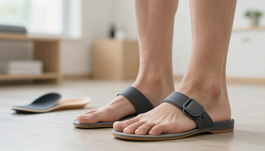 A pair of orthopedic shoes designed for individuals with transverse flatfoot, positioned prominently in the foreground, showcasing their supportive structure and comfort features. The shoes have a wide toe box and cushioned insoles, highlighting their practical design. In the middle ground, lightly blurred orthopedic accessories like arch supports and insoles are visible, emphasizing the theme of foot health. The background features a softly-lit, neutral-toned room suggesting a cozy clinic or a professional fitting environment, with gentle natural light streaming through a window, creating a calm and reassuring atmosphere. The overall mood is informative and professional, inviting the viewer to consider the importance of proper footwear for foot issues.