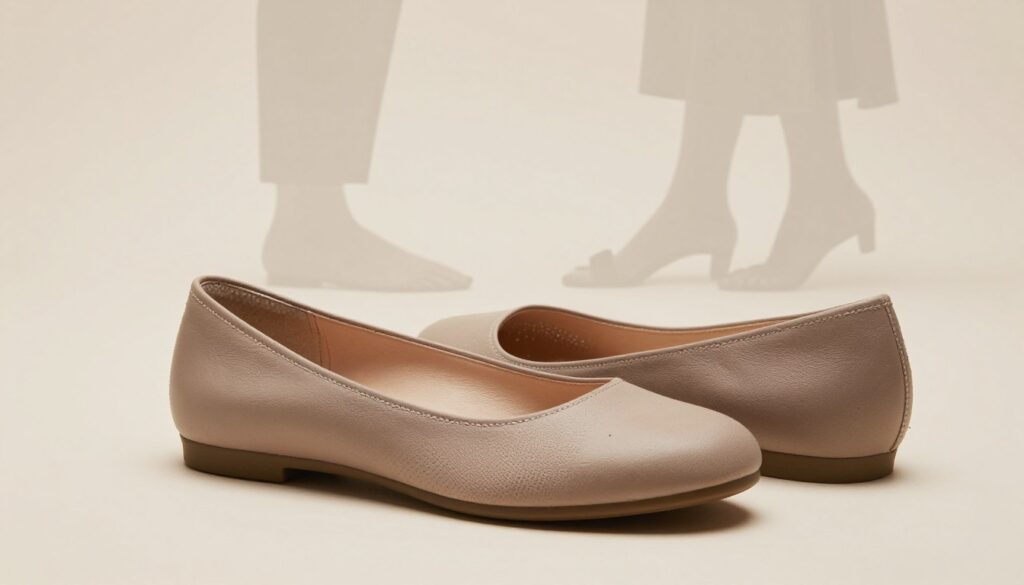 A pair of orthopedic shoes designed for women with flat feet, prominently displayed in the foreground on a clean, neutral background. The shoes should feature arch support, cushioned soles, and a stylish design, showcasing both comfort and elegance. In the middle ground, soft lighting enhances the shoes’ texture, highlighting materials like leather or breathable fabric. A subtle reflection beneath the shoes adds depth, while in the background, a faint silhouette of a modestly dressed woman tries on different styles, focusing on comfort and fit. The mood is informative and inviting, emphasizing the importance of selecting proper footwear for flat feet without distractions or clutter.