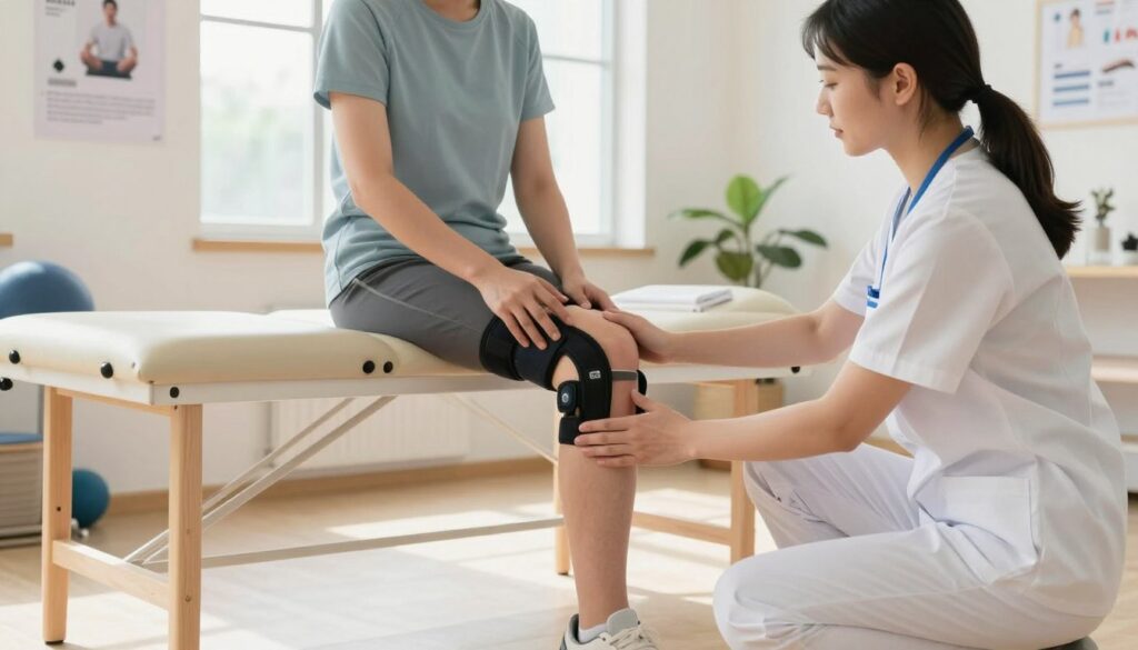 A patient in a rehabilitation setting is seated in a modern physiotherapy room, wearing comfortable athletic wear. Their knee is prominently displayed, with a focus on a new knee implant, surrounded by medical charts and exercise equipment. In the foreground, a physiotherapist in a professional outfit is gently demonstrating proper techniques for knee mobility, emphasizing the importance of avoiding excess weight. The room is well-lit with natural light streaming through large windows, creating a warm and encouraging atmosphere. In the background, motivational posters about recovery and rehabilitation can be seen, enhancing the sense of hope and positivity. The image conveys a serious but supportive mood, underscoring the significance of proper post-operative care for the knee joint.