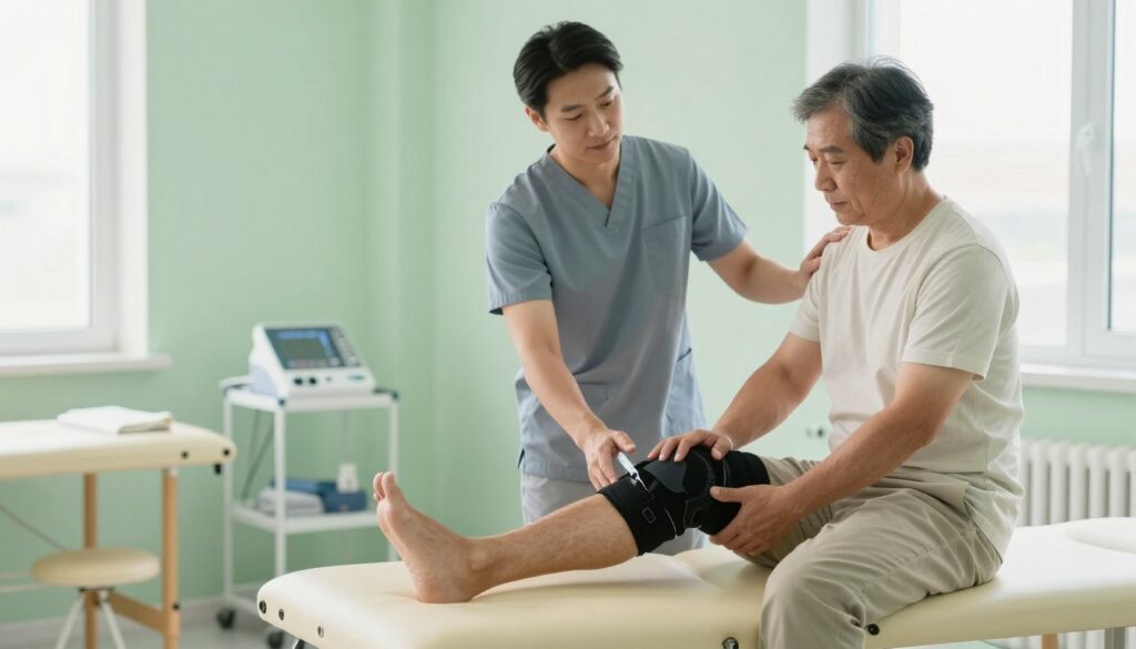 A peaceful and well-lit therapy room featuring a patient recovering after receiving a hyaluronic acid injection in the knee. In the foreground, a middle-aged person in modest casual clothing sits on an examination table, gently stretching their leg with a focused expression, wearing a knee brace. In the middle, a physical therapist, also in business casual attire, demonstrates a simple stretching exercise with encouraging body language. The background shows calming light green walls, a window letting in soft natural light, and medical equipment neatly arranged. The atmosphere is one of support and healing, with a bright and serene vibe. The lighting is bright yet soft, emphasizing the comforting nature of the environment.