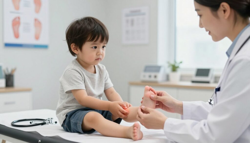 A pediatrician examining a child's foot in a well-lit clinic. The foreground shows a young child sitting on an examination table, looking curious and slightly worried, wearing a comfortable t-shirt and shorts. The doctor, in a white coat and professional attire, is gently holding and evaluating the child's foot, focusing on areas where pain might occur. In the middle ground, medical posters on the walls illustrate common foot conditions, and a stethoscope and some medical tools lie on the table. The background fades into a typical doctor's office, with soft lighting and neutral colors to create a calm atmosphere. The overall mood is reassuring and focused on health, emphasizing the importance of pediatric care. A pediatrician examining a child's foot in a well-lit clinic. The foreground shows a young child sitting on an examination table, looking curious and slightly worried, wearing a comfortable t-shirt and shorts. The doctor, in a white coat and professional attire, is gently holding and evaluating the child's foot, focusing on areas where pain might occur. In the middle ground, medical posters on the walls illustrate common foot conditions, and a stethoscope and some medical tools lie on the table. The background fades into a typical doctor's office, with soft lighting and neutral colors to create a calm atmosphere. The overall mood is reassuring and focused on health, emphasizing the importance of pediatric care.