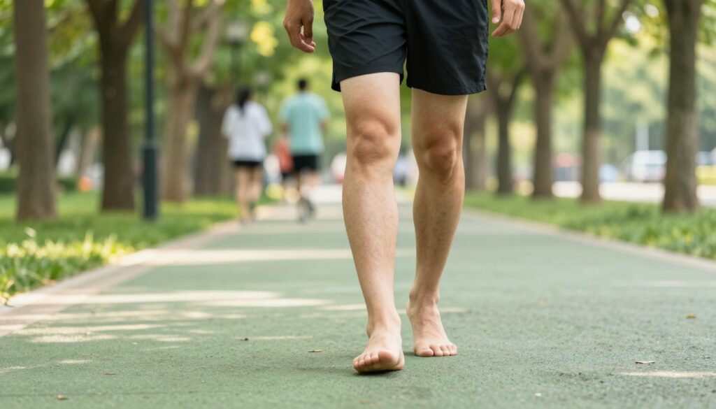 A person in professional athletic attire is walking confidently across a green park pathway, showcasing a smooth, unimpeded gait after recovering from an Achilles tendon injury. In the foreground, focus on the individual's feet touching the ground, highlighting proper walking technique without limping. The middle ground features a sunlit pathway lined with trees, creating a sense of tranquility and hope for recovery. In the background, a blurred view of people engaging in light activities like jogging or cycling adds to the atmosphere of active rejuvenation. The scene is captured in bright daytime lighting, emphasizing warmth and optimism, with a slightly low-angle perspective to convey determination and progress. A person in professional athletic attire is walking confidently across a green park pathway, showcasing a smooth, unimpeded gait after recovering from an Achilles tendon injury. In the foreground, focus on the individual's feet touching the ground, highlighting proper walking technique without limping. The middle ground features a sunlit pathway lined with trees, creating a sense of tranquility and hope for recovery. In the background, a blurred view of people engaging in light activities like jogging or cycling adds to the atmosphere of active rejuvenation. The scene is captured in bright daytime lighting, emphasizing warmth and optimism, with a slightly low-angle perspective to convey determination and progress.