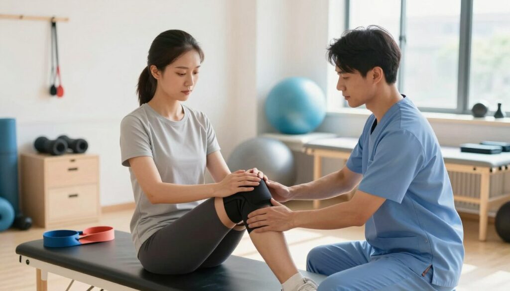 A physical therapist guiding a patient in knee rehabilitation exercises in a bright, modern clinic. In the foreground, the therapist, wearing professional attire, demonstrates a gentle stretching technique on the patient's knee, while the patient, dressed in modest athletic wear, follows the instructions with focused concentration. In the middle ground, various rehabilitation equipment like exercise bands and balance balls are neatly arranged, emphasizing an organized therapy space. The background features large windows allowing soft, natural sunlight to illuminate the room, creating a warm and encouraging atmosphere. The overall mood conveys hope and determination, highlighting the important process of rehabilitation after knee surgery. The composition should be shot from a slightly elevated angle to capture both the interaction and the surrounding environment.