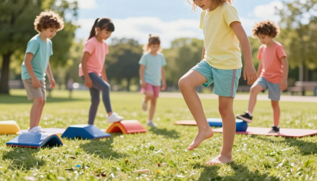 A playful scene depicting children engaging in fun exercises that promote healthy arch development in their feet, specifically focusing on flat feet (płaskostopie). In the foreground, a diverse group of three children, wearing colorful activewear, are happily performing simple foot exercises on a soft, grassy surface. One child is balancing on one foot while another is stretching. In the middle ground, various playful props like balance beams and soft mats are scattered around. The background features a sunny park setting with trees and a clear blue sky. The lighting is bright and cheerful, creating a warm atmosphere that encourages playfulness and activity. The scene conveys a sense of joy and engagement in healthy habits.
