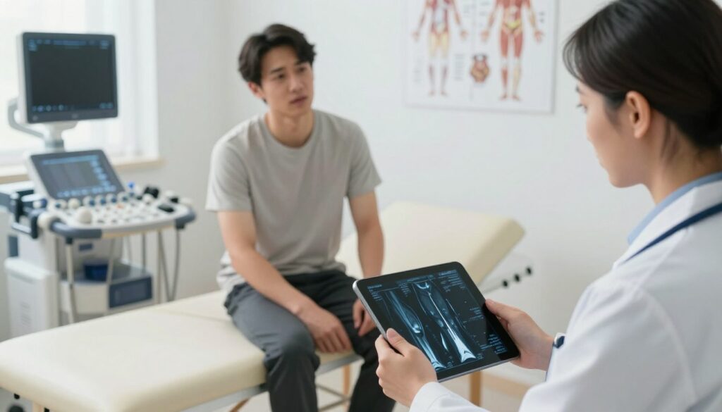 A professional and clinical setting, illustrating the process of injury diagnostics for a muscle strain. In the foreground, a doctor in a white coat examines an MRI scan on a digital tablet, displaying clear images of a thigh muscle injury. The doctor is focused and attentive, exuding a sense of expertise. In the middle ground, a patient sits on an exam table, dressed in modest athletic wear, looking slightly anxious but hopeful. Behind them, medical equipment and diagnostic tools can be seen, such as an ultrasound machine and anatomical charts. Soft, natural lighting illuminates the room, creating a calm and reassuring atmosphere. Capture the image from a slightly elevated angle, emphasizing the interaction between the doctor and the patient.
