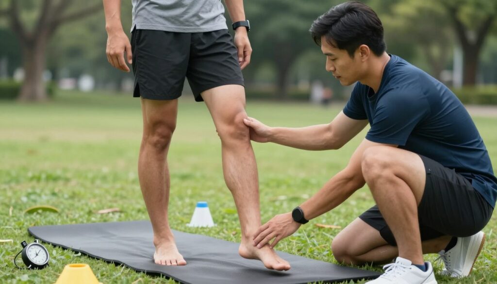 A professional fitness coach assessing a running athlete's foot stability while suggesting adjustments to their training routine. In the foreground, the coach, wearing sporty attire and demonstrating a supportive posture, is guiding the athlete, who is dressed in modest athletic wear, showing attentive engagement. In the middle ground, a training session setup includes a stopwatch, exercise mats, and cones, emphasizing a dynamic training environment. The background features a park with soft green grass and blurred trees, creating a serene outdoor training atmosphere. The scene is illuminated by soft, natural light, enhancing the positive, focused mood. Capture the image from a slightly elevated angle to convey a sense of guidance and progress. A professional fitness coach assessing a running athlete's foot stability while suggesting adjustments to their training routine. In the foreground, the coach, wearing sporty attire and demonstrating a supportive posture, is guiding the athlete, who is dressed in modest athletic wear, showing attentive engagement. In the middle ground, a training session setup includes a stopwatch, exercise mats, and cones, emphasizing a dynamic training environment. The background features a park with soft green grass and blurred trees, creating a serene outdoor training atmosphere. The scene is illuminated by soft, natural light, enhancing the positive, focused mood. Capture the image from a slightly elevated angle to convey a sense of guidance and progress.