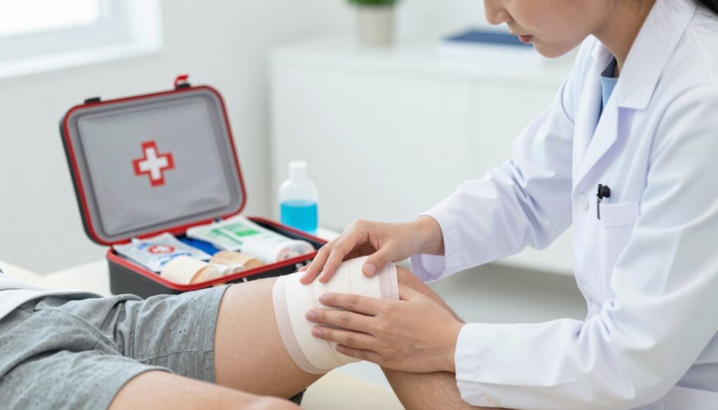 A professional healthcare setting showcasing immediate first aid after a muscle injury, specifically focusing on the biceps femoris. In the foreground, a trained medical professional in a white lab coat and modest clothing is applying a compression bandage to a patient's thigh, demonstrating care and expertise. The middle ground includes a detailed first aid kit open with various supplies like ice packs, bandages, and antiseptic wipes visible. In the background, a bright and clean clinic environment with soft, diffused lighting creates a calm and supportive atmosphere. The angle captures a close-up view, emphasizing the hands-on assistance being provided, evoking a sense of urgency balanced with professionalism and compassion. The overall mood is reassuring and proactive, highlighting the importance of immediate care.