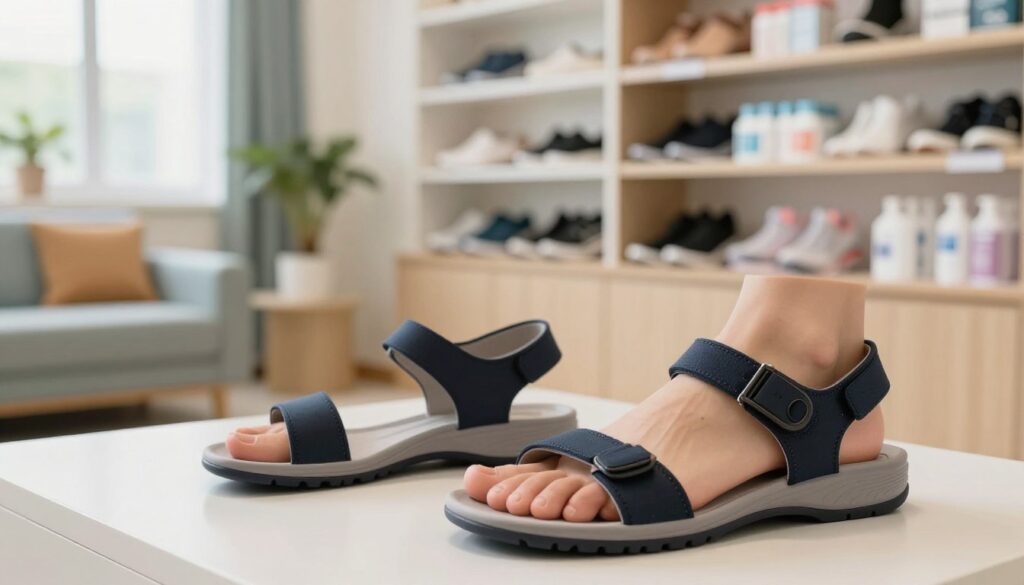 A professional, informative scene featuring a pair of orthopedic sandals designed for sensitive feet, prominently displayed in the foreground. The sandals should showcase ergonomic features, arch support, and cushioned soles, emphasizing their importance for individuals with conditions like rheumatoid arthritis, diabetes, and sensitive feet. In the middle ground, include a softly lit wellness clinic setting with a pleasant atmosphere, featuring a serene waiting area with calming colors and comfortable seating. The background should depict shelves filled with various orthopedic footwear and foot care products. Use natural light to create a warm and inviting mood. Capture the image from a slightly elevated angle to provide a comprehensive view of both the sandals and the clinic setting, ensuring a clear focus on the footwear's design and purpose.