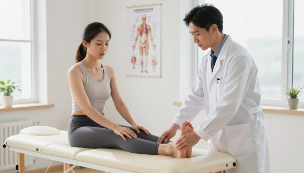 A professional physical therapist in a bright, modern clinic, demonstrating advanced techniques to aid Achilles tendonitis recovery. In the foreground, the therapist, wearing a white lab coat and professional attire, is gently guiding a patient through a stretching exercise specifically targeting the Achilles tendon. The patient, dressed in modest athletic wear, is seated on a treatment table, focused on following the therapist's instructions. In the middle ground, a wall-mounted anatomical chart of the foot and tendon anatomy provides educational context. The background features soft natural light streaming in from large windows, creating an inviting and calming atmosphere. The overall mood is supportive and encouraging, emphasizing recovery and well-being in a professional healthcare setting.