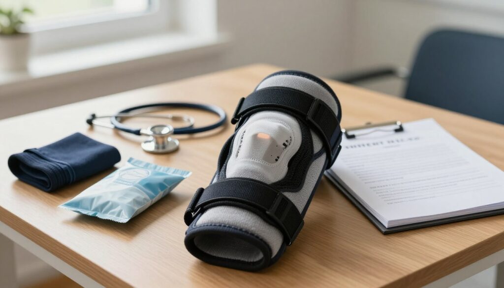 A professional setting featuring a close-up view of an orthopedic knee brace, neatly displayed on a wooden table. In the foreground, the knee brace takes center stage, showcasing its straps and padding. Surrounding it are various orthopedic support items, like ice packs and compression sleeves, placed aesthetically. The middle ground includes a blurred stethoscope and a notepad with handwritten notes on treating knee swelling, hinting at a clinical environment. In the background, soft natural lighting emanates from a nearby window, giving warmth to the scene. The atmosphere is informative and supportive, emphasizing the theme of medical care and rehabilitation for knee swelling. The composition is sharp, with a shallow depth of field to keep focus on the knee brace and related items. A professional setting featuring a close-up view of an orthopedic knee brace, neatly displayed on a wooden table. In the foreground, the knee brace takes center stage, showcasing its straps and padding. Surrounding it are various orthopedic support items, like ice packs and compression sleeves, placed aesthetically. The middle ground includes a blurred stethoscope and a notepad with handwritten notes on treating knee swelling, hinting at a clinical environment. In the background, soft natural lighting emanates from a nearby window, giving warmth to the scene. The atmosphere is informative and supportive, emphasizing the theme of medical care and rehabilitation for knee swelling. The composition is sharp, with a shallow depth of field to keep focus on the knee brace and related items.