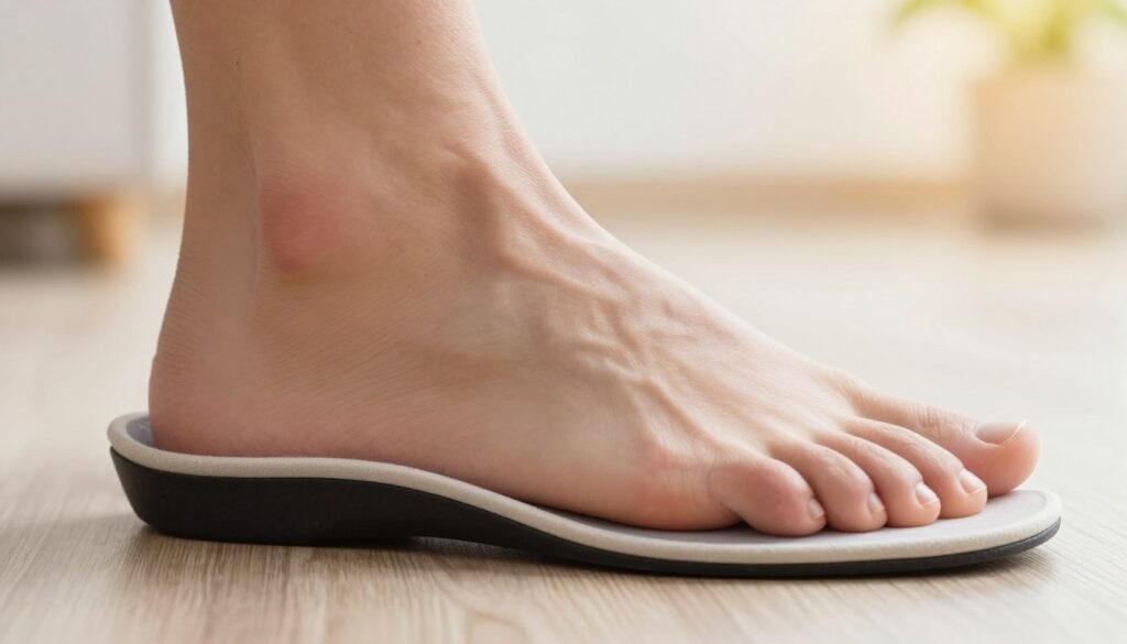 A realistic, close-up image of a foot wearing a specialized insole designed for alleviating pain under the big toe. The foreground features the insole prominently, showcasing its unique ergonomic shape and cushioning materials. In the middle ground, a well-groomed foot is positioned on top of the insole, demonstrating how the product fits in a shoe. The background is soft-focused, hinting at a light, airy space with subtle hints of natural elements like light wood and greenery, suggesting comfort and relief. The lighting is warm and inviting, with a slight glow that highlights the contours of the insole and the foot. The overall atmosphere conveys a sense of care and focus on foot health.