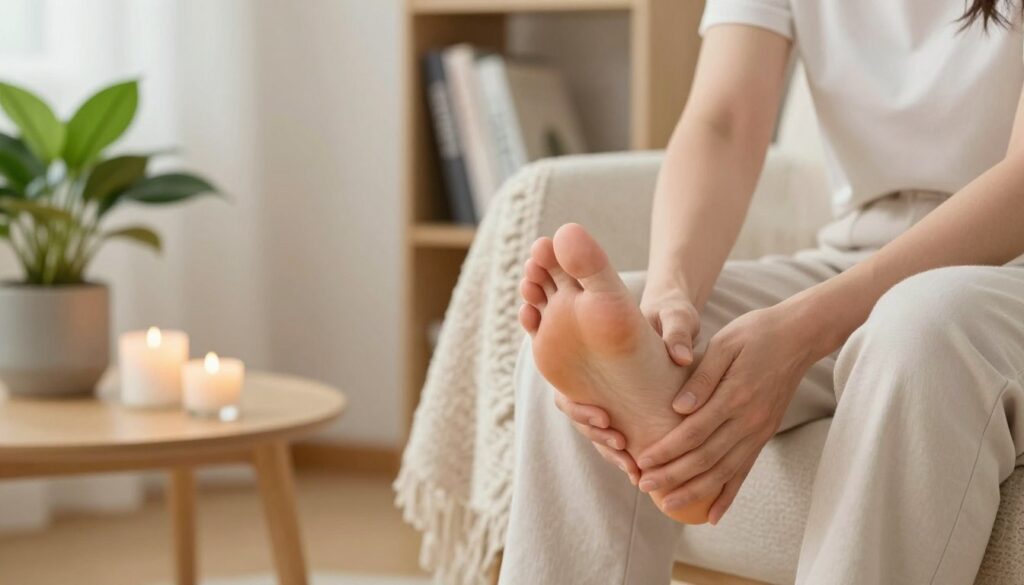 A serene home environment focused on self-care for foot tendon inflammation. In the foreground, a person in comfortable, modest clothing is gently massaging their foot, showing care and attention. The middle ground features a cozy, well-lit room with a visible soft blanket draped over a chair and natural elements like potted plants and calming candles. The background includes a bookshelf with health and wellness books, creating an atmosphere of relaxation and healing. Soft, diffused lighting highlights the subject, enhancing a warm, inviting mood. The composition should have a slightly angled view to give depth, capturing the personal and nurturing approach to managing inflammation in a home setting.
