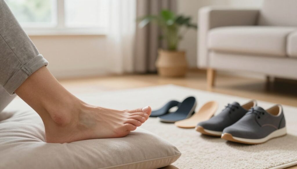 A serene home environment showcasing effective ways to alleviate foot pain. In the foreground, a close-up of a person’s left foot resting comfortably on a cushion, with the second toe slightly elevated. Slightly blurred in the middle ground, a guide illustrating various foot support tools—like arch supports and comfortable shoes—arranged neatly on a soft rug. The background features a cozy living room with soft natural lighting filtering through a window, enhancing the calm atmosphere. A hint of greenery from houseplants can be seen, adding a refreshing touch. The overall mood is peaceful and informative, aimed at providing a sense of relief and comfort for those struggling with foot discomfort while walking. A serene home environment showcasing effective ways to alleviate foot pain. In the foreground, a close-up of a person’s left foot resting comfortably on a cushion, with the second toe slightly elevated. Slightly blurred in the middle ground, a guide illustrating various foot support tools—like arch supports and comfortable shoes—arranged neatly on a soft rug. The background features a cozy living room with soft natural lighting filtering through a window, enhancing the calm atmosphere. A hint of greenery from houseplants can be seen, adding a refreshing touch. The overall mood is peaceful and informative, aimed at providing a sense of relief and comfort for those struggling with foot discomfort while walking.