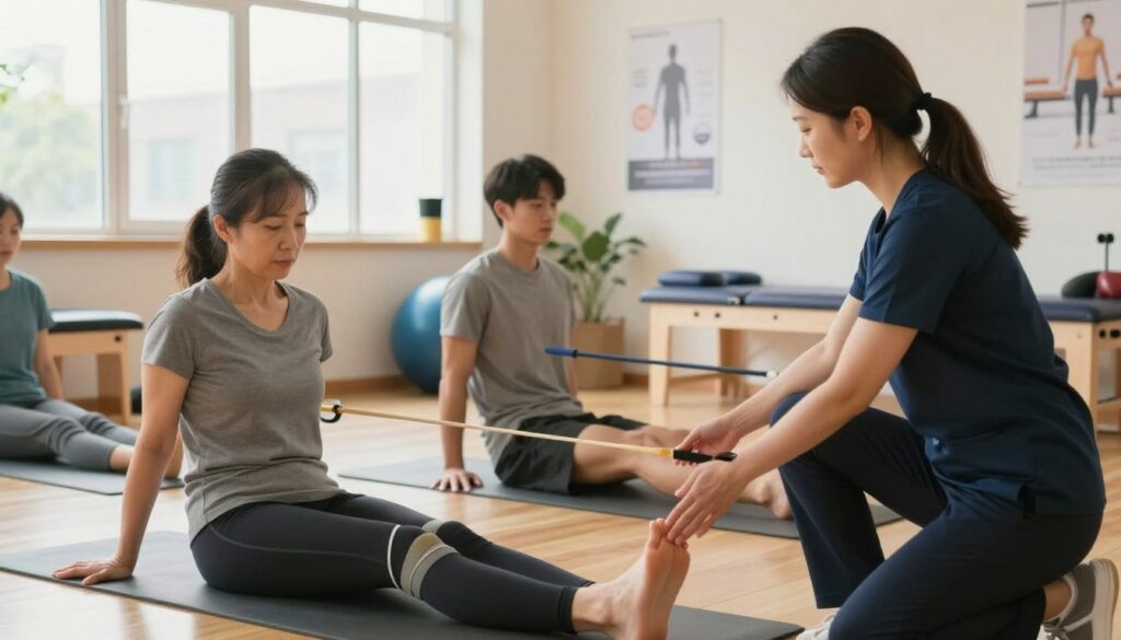 A serene indoor setting dedicated to physical therapy, featuring a diverse group of individuals performing gentle knee exercises. In the foreground, a middle-aged woman in modest athletic wear is demonstrating a knee stretch with guidance from a physiotherapist, who is professionally attired. In the middle ground, a young man is seated, using resistance bands for gentle leg extensions. Soft, natural light filters through large windows, creating a warm and inviting atmosphere. The background shows a well-organized therapy studio with exercise equipment and motivational posters on the walls. The overall mood is encouraging and supportive, emphasizing movement and rehabilitation for knee pain without exacerbating it. A serene indoor setting dedicated to physical therapy, featuring a diverse group of individuals performing gentle knee exercises. In the foreground, a middle-aged woman in modest athletic wear is demonstrating a knee stretch with guidance from a physiotherapist, who is professionally attired. In the middle ground, a young man is seated, using resistance bands for gentle leg extensions. Soft, natural light filters through large windows, creating a warm and inviting atmosphere. The background shows a well-organized therapy studio with exercise equipment and motivational posters on the walls. The overall mood is encouraging and supportive, emphasizing movement and rehabilitation for knee pain without exacerbating it.
