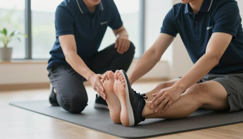 A serene indoor setting focusing on foot exercises to improve overall foot health, specifically targeted towards individuals dealing with flat feet. In the foreground, a pair of feet are shown in professional athletic shoes, engaging in various ankle and foot stretches on a yoga mat, demonstrating flexibility and strength. In the middle ground, an expert physiotherapist, wearing a professional golf polo and comfortable athletic pants, is guiding the exercises with a supportive posture. The background features soft natural lighting from a large window, with minimalistic decor that creates a calm and inviting atmosphere. The overall mood reflects encouragement and a commitment to wellness, ensuring the emphasis is on effective foot exercises. The image captures the essence of rehabilitation and proactive foot care.