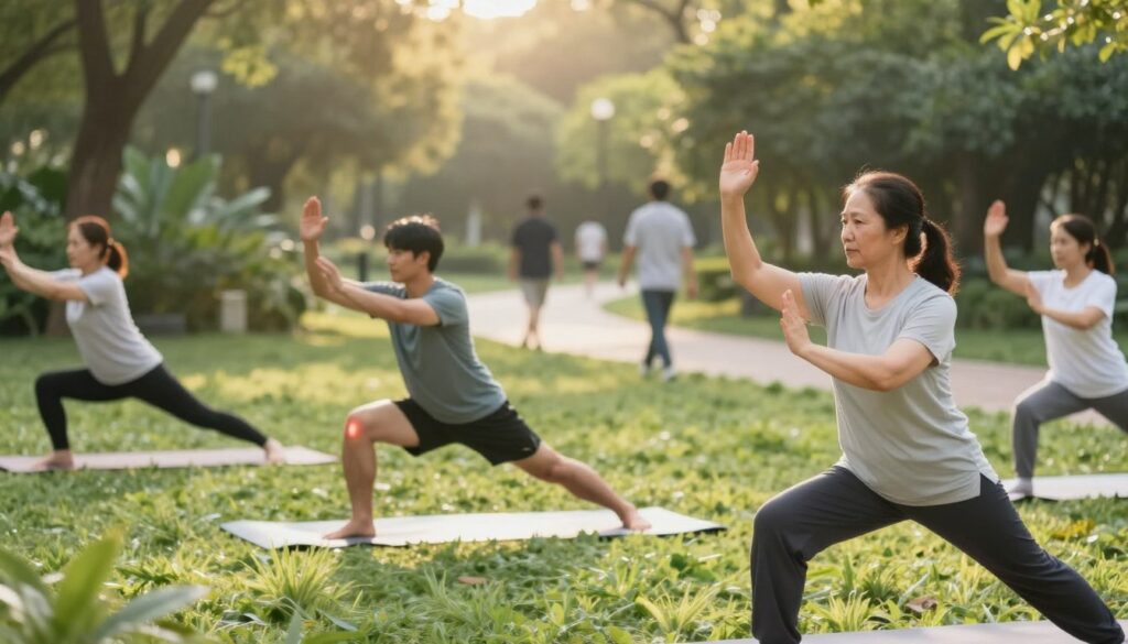 A serene outdoor setting featuring a diverse group of individuals engaged in gentle exercises that are safe for knee pain. In the foreground, a middle-aged woman practicing tai chi, demonstrating slow and controlled movements, dressed in modest activewear. In the middle ground, a young man doing low-impact stretching on a yoga mat, with an emphasis on knee-friendly postures. Lush greenery surrounds them, and soft sunlight filters through the trees, creating a warm and inviting atmosphere. In the background, a calm walking path meanders through the park. The composition creates a sense of tranquility and wellness, highlighting the theme of safe physical activity for knee pain relief. The image should have a soft focus and gentle lighting to enhance the peaceful mood. A serene outdoor setting featuring a diverse group of individuals engaged in gentle exercises that are safe for knee pain. In the foreground, a middle-aged woman practicing tai chi, demonstrating slow and controlled movements, dressed in modest activewear. In the middle ground, a young man doing low-impact stretching on a yoga mat, with an emphasis on knee-friendly postures. Lush greenery surrounds them, and soft sunlight filters through the trees, creating a warm and inviting atmosphere. In the background, a calm walking path meanders through the park. The composition creates a sense of tranquility and wellness, highlighting the theme of safe physical activity for knee pain relief. The image should have a soft focus and gentle lighting to enhance the peaceful mood.