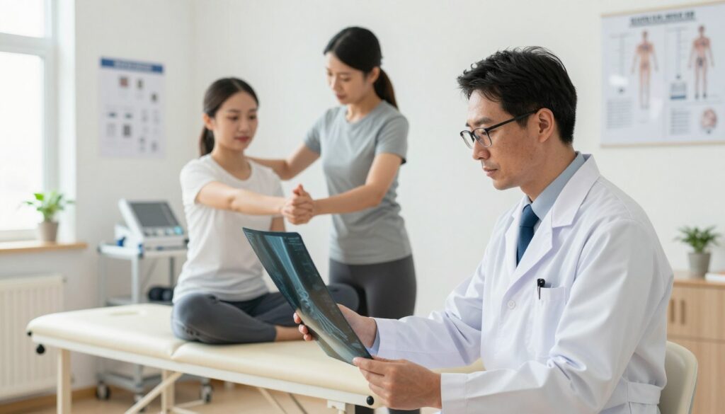 A split image depicting an orthopedic doctor and a physiotherapist in a clinic setting. In the foreground, the orthopedic doctor is examining an X-ray of a foot, wearing a white lab coat and glasses, focused and professional. In the middle ground, the physiotherapist is demonstrating an exercise to a patient, showing caring attention, dressed in smart casual athletic attire. The background features a well-lit clinic room with medical equipment, charts on the walls, and a therapeutic environment. Soft, natural light enters through a window, creating a calm and soothing atmosphere. The image should convey a sense of professionalism, care, and healing, without any text or distractions.