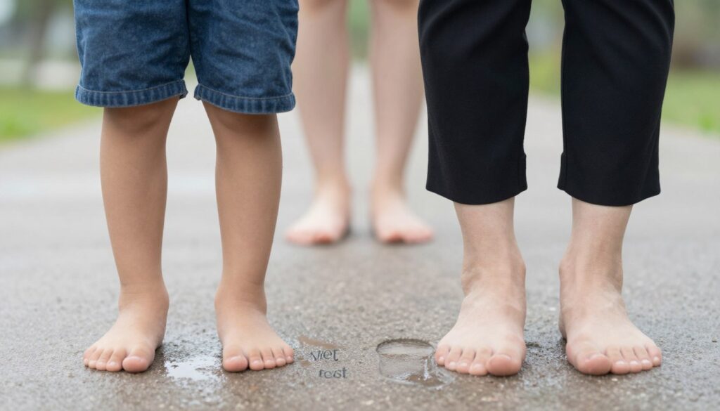 A split image illustrating flatfoot conditions in children and adults. In the foreground, depict a child and an adult standing on a flat, textured surface with wet footprints beside them, highlighting the "wet foot test." The child, wearing modest casual clothing, has a neutral expression while the adult, dressed in professional attire, looks thoughtfully at their feet. In the middle ground, include a natural setting with soft, diffused lighting to create a calm atmosphere. The background should subtly blend images of healthy foot arches to contrast the flatfoot conditions. Use a shallow depth of field to focus on the subjects’ feet while gently blurring the background. Capture the mood of contrast and reflection, emphasizing the importance of foot health across different ages.