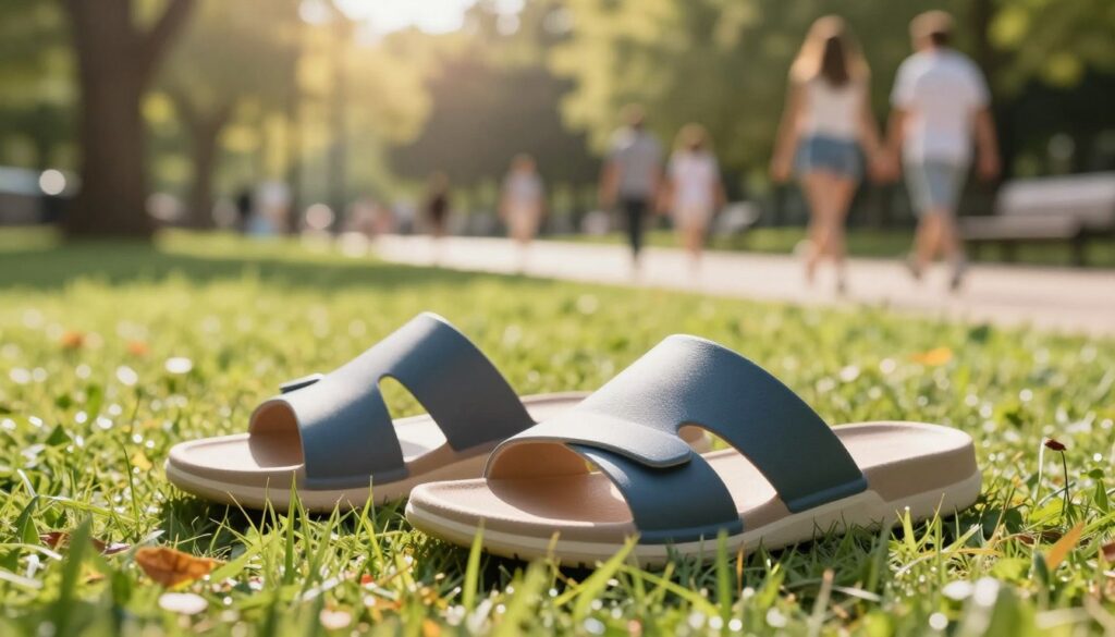 A stylish pair of fashionable slide sandals (klapki) designed for comfort and support, prominently displayed in the foreground. The sandals feature a modern design with soft, cushioned soles and arch support, perfect for individuals with flat feet. In the middle ground, a softly blurred park setting with green grass and gentle sunlight filtering through trees, creating a warm and inviting atmosphere. The background shows a peaceful, leisurely scene with people walking comfortably in the distance, wearing casual summer attire. The lighting is bright and natural, enhancing the vibrant colors of the sandals and the lush surroundings. The overall mood conveys a blend of health-conscious fashion and relaxed enjoyment, appealing to those seeking both comfort and style this season. A stylish pair of fashionable slide sandals (klapki) designed for comfort and support, prominently displayed in the foreground. The sandals feature a modern design with soft, cushioned soles and arch support, perfect for individuals with flat feet. In the middle ground, a softly blurred park setting with green grass and gentle sunlight filtering through trees, creating a warm and inviting atmosphere. The background shows a peaceful, leisurely scene with people walking comfortably in the distance, wearing casual summer attire. The lighting is bright and natural, enhancing the vibrant colors of the sandals and the lush surroundings. The overall mood conveys a blend of health-conscious fashion and relaxed enjoyment, appealing to those seeking both comfort and style this season.