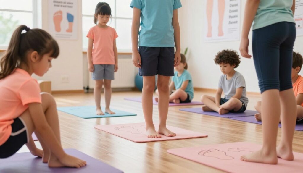 A vibrant and informative scene illustrating flatfoot in children. In the foreground, a diverse group of children (ages 5-10) is engaged in light exercises to strengthen their arches, each child wearing colorful, modest athletic wear. The middle ground shows a soft floor mat with outlines of foot shapes, emphasizing healthy foot conditions versus flatfoot. The background features an airy, well-lit gym adorned with motivational posters related to foot health and exercise. Soft, natural lighting filters through windows, creating a warm and encouraging atmosphere. The mood is playful and educational, capturing the importance of foot care in an engaging way.
