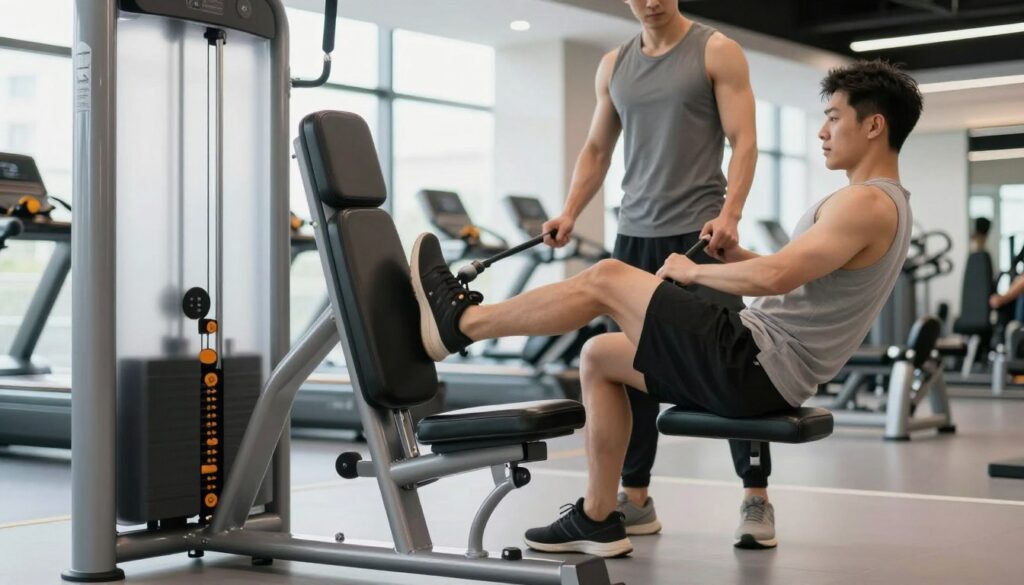 A well-equipped gym with a dual-hamstring machine positioned prominently in the foreground. The machine showcases an ergonomic design, with adjustable settings clearly visible, specifically highlighting the seat and foot positioning for proper alignment and minimal spinal strain. In the middle ground, a fitness trainer, dressed in professional athletic wear, demonstrates the correct position for the leg curls, focusing on engaging the hamstrings rather than the lower back. The background features a clean, bright gym environment with soft lighting to create a motivating and focused atmosphere. The angle is slightly tilted from the side to emphasize the alignment of the body and machine, ensuring clarity on the setup technique. The overall mood is instructional and encouraging for fitness enthusiasts.