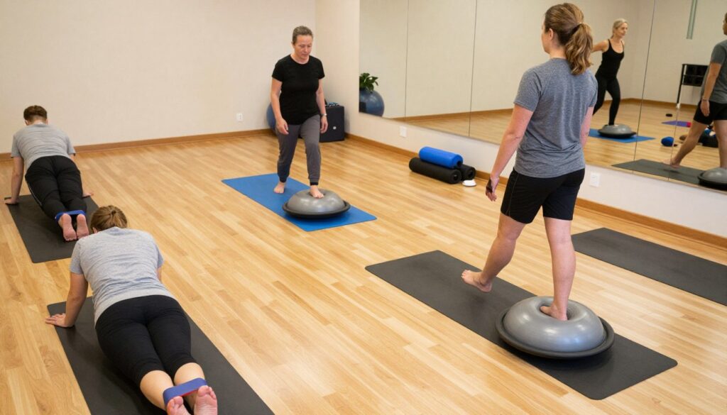 A well-lit indoor physical therapy studio, featuring a diverse group of adults engaged in exercises specifically designed for flatfoot correction. In the foreground, one adult is performing a foot exercise using a resistance band, while another is standing on a balance board, focused on their posture. The middle ground includes exercise mats and small equipment like foam rollers and therapy balls, showcasing a variety of exercises. The background shows a large mirror reflecting the participants, emphasizing their techniques and body alignment. Soft natural lighting creates a warm and encouraging atmosphere. The scene conveys a sense of motivation and professionalism, with all individuals dressed in modest athletic wear. The image should be viewed from a slightly elevated angle, capturing the dynamic movement of the exercises. A well-lit indoor physical therapy studio, featuring a diverse group of adults engaged in exercises specifically designed for flatfoot correction. In the foreground, one adult is performing a foot exercise using a resistance band, while another is standing on a balance board, focused on their posture. The middle ground includes exercise mats and small equipment like foam rollers and therapy balls, showcasing a variety of exercises. The background shows a large mirror reflecting the participants, emphasizing their techniques and body alignment. Soft natural lighting creates a warm and encouraging atmosphere. The scene conveys a sense of motivation and professionalism, with all individuals dressed in modest athletic wear. The image should be viewed from a slightly elevated angle, capturing the dynamic movement of the exercises.