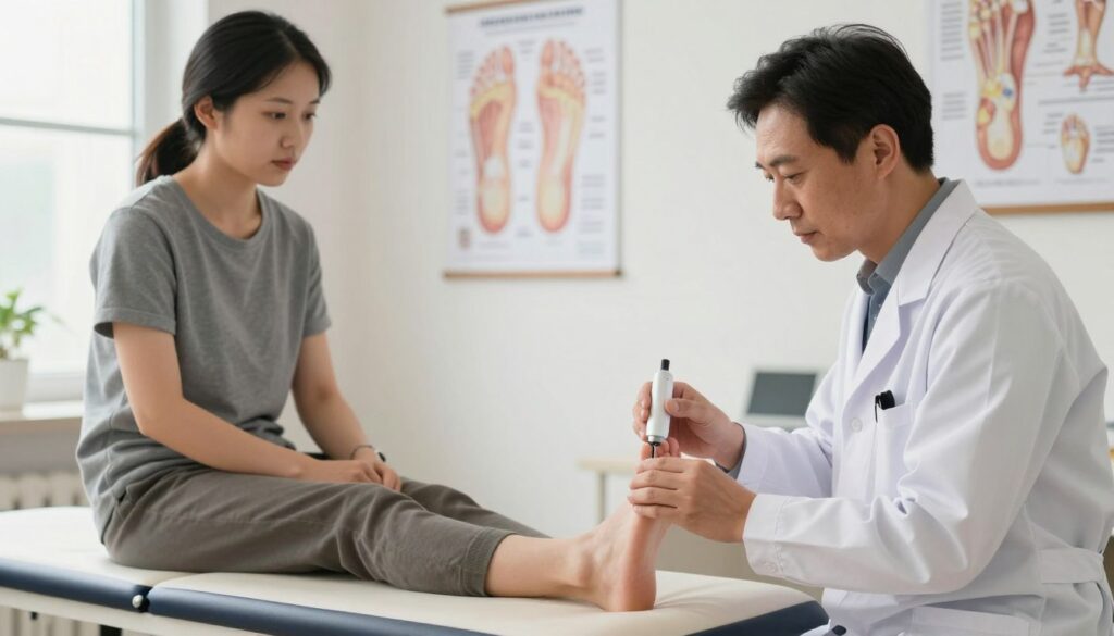 A well-lit orthopedic clinic setting focused on foot diagnostics. In the foreground, an orthopedic specialist, dressed in a professional white coat, examines a patient's foot with a diagnostic tool. The patient, wearing modest casual clothing, sits on an examination table, looking attentive. In the middle, anatomical charts of the foot and flatfoot conditions hang on the walls, providing educational context. In the background, soft natural light filters through a window, casting a calming ambiance. The scene conveys a sense of professionalism and care, emphasizing the significance of proper diagnosis in treating flatfoot in adults. The focus is on the interaction between the specialist and patient, capturing a moment of assessment and understanding.