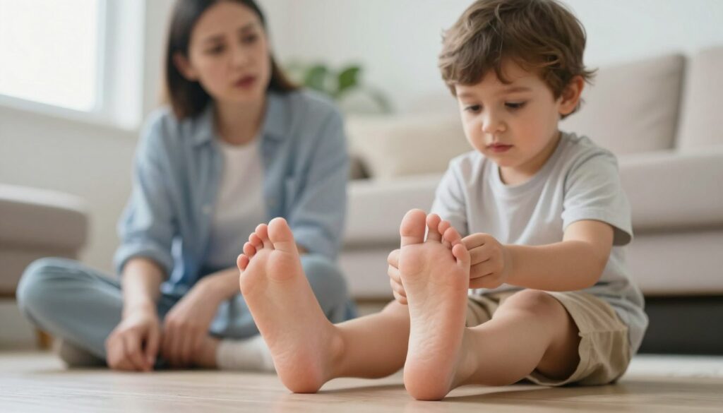 A young child sitting on the floor with bare feet, illustrating flatfooting (płaskostopie koślawe). The child has a focused expression as they examine their own feet, showing the arch and flatness. In the background, a parent observes with a concerned look, dressed in casual attire. The setting is a bright, cheerful indoor environment, such as a living room with soft, natural lighting filtering through a window. The mood is thoughtful and engaging, highlighting the importance of understanding foot health in both children and adults. The image should maintain a warm color palette to evoke a sense of care and attention towards well-being.