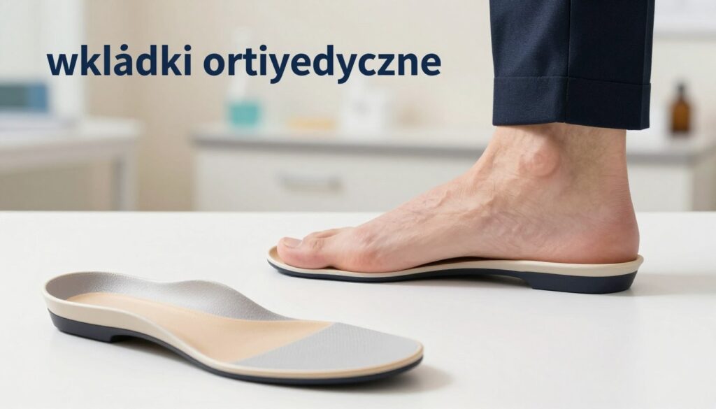 An informative and visually striking image illustrating orthopedic insoles ("wkładki ortopedyczne") designed for foot support. The foreground features a pair of modern, ergonomic insoles, showcasing their anatomical design with arch support and cushioning. In the middle ground, display a foot in professional business attire, positioned to highlight the insoles, demonstrating their function and fit. The background should be a softly blurred clinical setting, symbolizing a healthcare environment, with warm lighting to create a welcoming mood. The angle should capture both the insole and foot from a slight bird's-eye view, emphasizing the importance of the insoles in maintaining foot health. The overall atmosphere should be professional and supportive, effectively conveying the concept of customized orthopedic solutions for various types of flatfoot. An informative and visually striking image illustrating orthopedic insoles ("wkładki ortopedyczne") designed for foot support. The foreground features a pair of modern, ergonomic insoles, showcasing their anatomical design with arch support and cushioning. In the middle ground, display a foot in professional business attire, positioned to highlight the insoles, demonstrating their function and fit. The background should be a softly blurred clinical setting, symbolizing a healthcare environment, with warm lighting to create a welcoming mood. The angle should capture both the insole and foot from a slight bird's-eye view, emphasizing the importance of the insoles in maintaining foot health. The overall atmosphere should be professional and supportive, effectively conveying the concept of customized orthopedic solutions for various types of flatfoot.