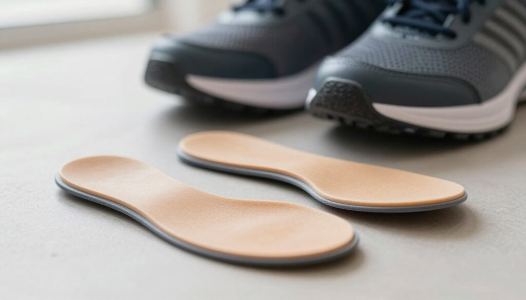 An intricately detailed close-up of orthopedic foot inserts displayed on a soft, neutral-toned surface. In the foreground, the focus is on the inserts, showcasing their contours, cushioning, and arch support, emphasizing their functionality for individuals with flat feet. The background features a softly blurred image of a pair of athletic shoes, suggesting their intended use. Bright, natural light illuminates the scene, enhancing the textures and colors of the inserts. The overall mood is clinical and informative, highlighting the therapeutic aspect of foot care. The composition should evoke a sense of professionalism and trust, suitable for a health-related article.