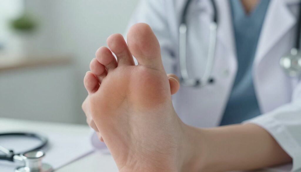 The image depicts a close-up view of a human foot, specifically focusing on the large toe, showcasing signs of discomfort and inflammation. The toe is set against a softly blurred medical examination background, which includes a subtle hint of a doctor's office with a stethoscope and medical charts. Natural soft lighting casts gentle shadows, emphasizing the texture of the skin and any visible redness or swelling around the joint. A professional presenting the foot for examination is partially visible, dressed in a white coat and modest clothing, creating a clinical and informative atmosphere. The overall mood is one of concern and caution, highlighting the importance of professional medical attention for diabetes-related complications.
