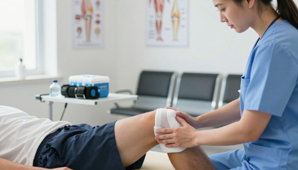 A clinical setting showcasing a detailed representation of the PRICE protocol for a knee sprain recovery. In the foreground, a healthcare professional, dressed in scrubs, is gently applying ice to a patient's swollen knee, providing careful attention. The middle layer features a well-lit examination room with medical equipment, such as a brace and an ice pack on a table, illustrating first aid supplies. The background includes anatomical posters of the knee joint and a soft-focus view of a waiting area, creating a calm, professional atmosphere. The scene is lit with soft, natural light coming from a window, emphasizing a soothing and supportive environment for recovery.