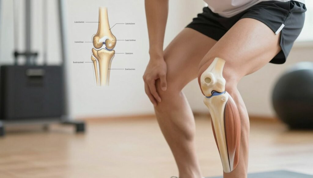 A close-up illustration of a healthy human knee joint, showcasing the anatomy and structure, with an emphasis on the muscles and ligaments that support the knee. In the foreground, depict a person performing a gentle exercise, such as a leg extension, with their knees slightly bent, dressed in modest athletic wear. In the middle ground, include anatomical diagrams or labeled illustrations of the knee joint to highlight key areas for strengthening. In the background, create a calm gym setting with soft lighting, enhancing a peaceful and focused training atmosphere. Use a shallow depth of field to emphasize the knee and exercises while blurring the background slightly, capturing a sense of dedication to knee health and strength training without overloading the image with distractions.