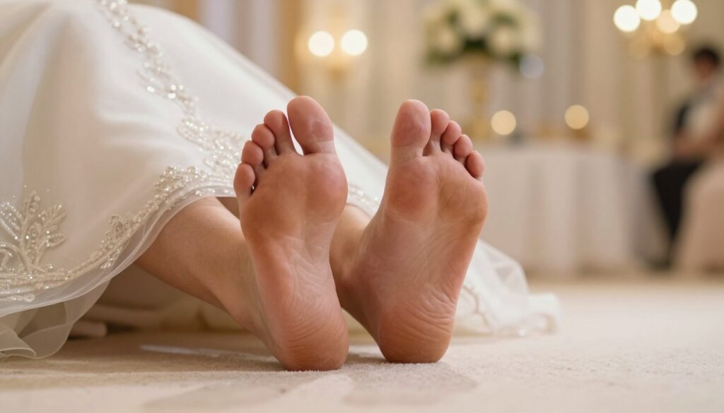 A close-up image of a pair of feet resting on a soft surface, reflecting discomfort and fatigue. The foreground focuses on perfectly manicured feet wearing elegant, but slightly worn-out wedding shoes, with visible signs of strain on the arches. In the middle ground, a blurred, luxurious wedding venue can be seen, adorned with twinkling fairy lights and opulent decorations. The background includes soft bokeh effects to create a dreamy atmosphere, with warm, inviting lighting casting gentle shadows. The mood is one of gentle reflection, capturing the aftermath of a joyful celebration. The overall tone conveys a sense of weariness and the need for comfort, emphasizing the common struggle of tired feet after a long event.