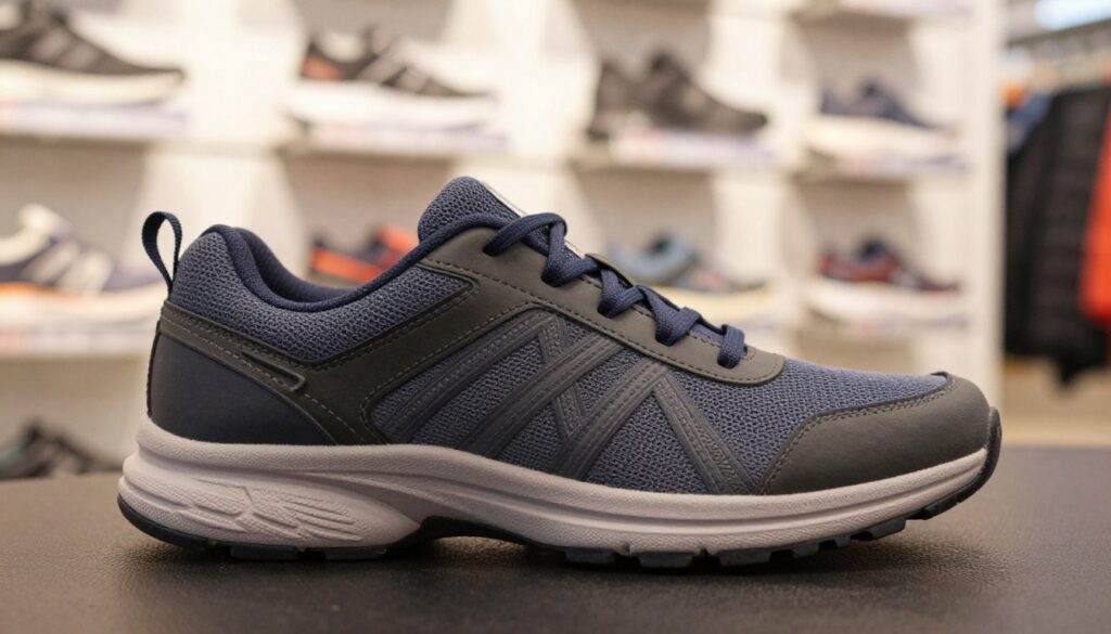 A close-up image of a sturdy and supportive athletic shoe designed for flat feet, placed on a textured surface. The shoe should have a thick sole, a wide toe box, and excellent arch support, showcasing its stability features. In the background, slightly blurred, include a selection of other athletic shoes on display in a well-lit store setting, with soft, inviting lighting that highlights the shoe’s details. Capture the atmosphere of a professional yet welcoming retail environment, emphasizing clarity and focus on the featured shoe. The image should evoke feelings of confidence and comfort, ideal for individuals seeking suitable footwear for walking.