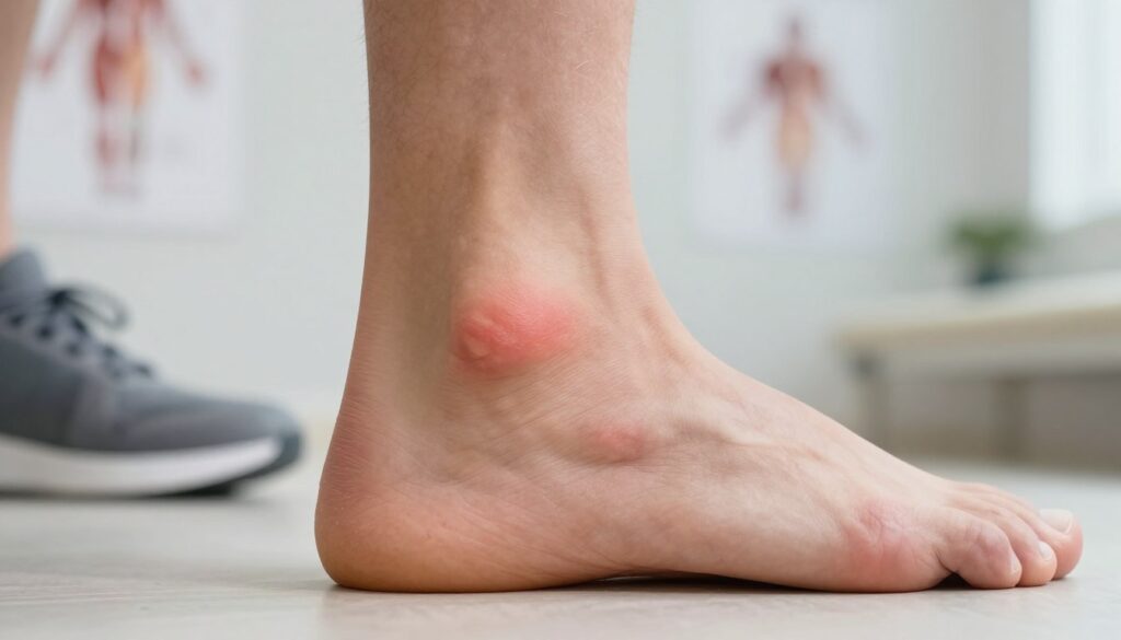 A close-up image of a swollen Achilles tendon on a human foot, showcasing the inflamed area surrounded by healthy skin for contrast. The foot should be wearing a simple athletic shoe, positioned on a clean and neutral surface. Soft, diffused lighting highlights the details of the swelling, emphasizing the texture and color variations of the skin. In the background, a blurred medical office setting with subtle hints of anatomy charts and rehabilitation tools to create a professional atmosphere. The mood should be serious and informative, conveying a sense of urgency without being alarming, reflecting a need for proper medical evaluation. A close-up image of a swollen Achilles tendon on a human foot, showcasing the inflamed area surrounded by healthy skin for contrast. The foot should be wearing a simple athletic shoe, positioned on a clean and neutral surface. Soft, diffused lighting highlights the details of the swelling, emphasizing the texture and color variations of the skin. In the background, a blurred medical office setting with subtle hints of anatomy charts and rehabilitation tools to create a professional atmosphere. The mood should be serious and informative, conveying a sense of urgency without being alarming, reflecting a need for proper medical evaluation.