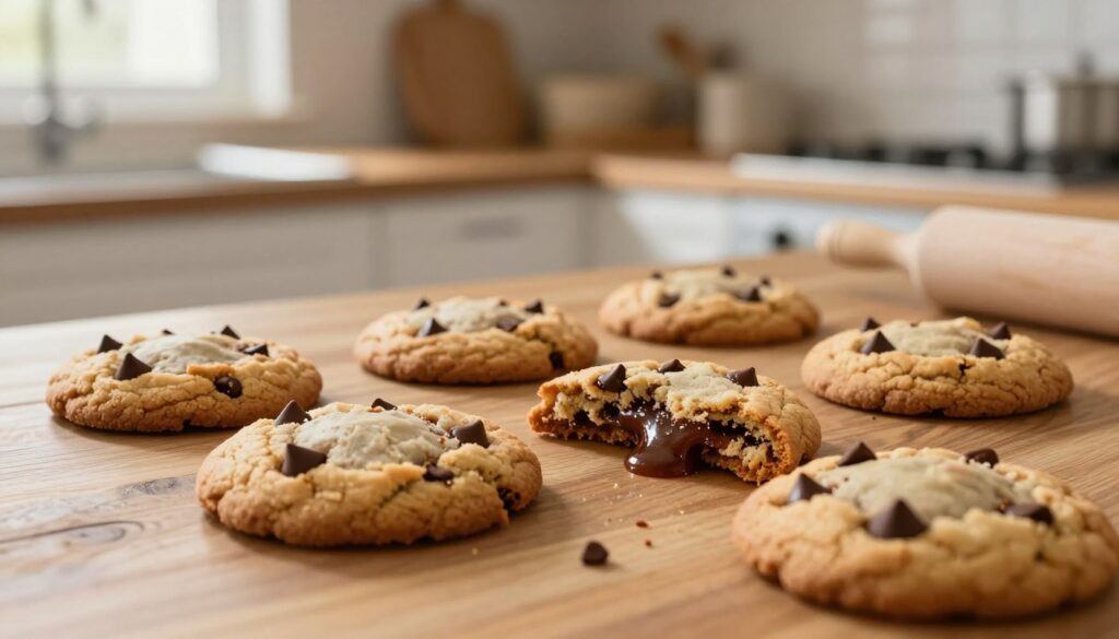 A close-up image of freshly baked cookies arranged on a rustic wooden kitchen counter. The cookies are golden-brown, with chocolate chips melting slightly, and some are broken to reveal soft, gooey centers. In the background, there's a soft blur of a modern kitchen with warm, inviting light streaming in through a window, casting a gentle glow on the scene. The atmosphere feels cozy and homely, evoking the scent of freshly baked treats. Include a few baking utensils, like a mixing bowl and a rolling pin, in the soft-focus background to add context. The overall composition should balance focus on the cookies while suggesting a loving, familial kitchen environment.