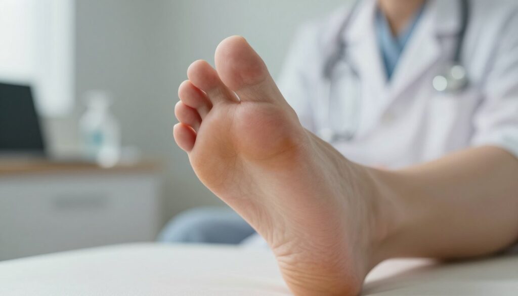 A close-up of a diabetic foot, showcasing the early symptoms of diabetic foot disease. The foreground features a well-groomed foot with visible signs such as slight swelling, redness, and calluses, symbolizing discomfort. The middle ground includes a subtle, blurred medical examination setting, complete with a soft-focus doctor's office in the background, highlighting a caring and professional atmosphere. Soft, warm lighting illuminates the foot, creating shadows that emphasize the intricate details of the skin. The angle should be slightly elevated, allowing a clear view of the foot's condition. The mood is informative and empathetic, reflecting the importance of recognizing early signs without any distractions from text or logos.