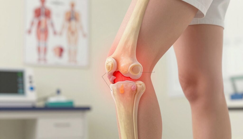 A close-up of a knee joint, highlighting the effects of rheumatoid arthritis with visible swelling and inflammation. In the foreground, a professional medical illustration of the knee displaying inflamed synovial tissues and damaged cartilage. The middle ground reveals a subtle gradient of reddish hues, indicating inflammation, along with detailed annotations of the affected areas. In the background, a soft-focus depiction of a clinical environment, featuring medical equipment and an anatomical diagram, enhances the medical context. Warm, diffused lighting creates a clinical yet informative atmosphere, emphasizing the seriousness of the condition without being alarming. The angle should be slightly tilted to draw attention to the knee while maintaining a professional and educational feel. A close-up of a knee joint, highlighting the effects of rheumatoid arthritis with visible swelling and inflammation. In the foreground, a professional medical illustration of the knee displaying inflamed synovial tissues and damaged cartilage. The middle ground reveals a subtle gradient of reddish hues, indicating inflammation, along with detailed annotations of the affected areas. In the background, a soft-focus depiction of a clinical environment, featuring medical equipment and an anatomical diagram, enhances the medical context. Warm, diffused lighting creates a clinical yet informative atmosphere, emphasizing the seriousness of the condition without being alarming. The angle should be slightly tilted to draw attention to the knee while maintaining a professional and educational feel.