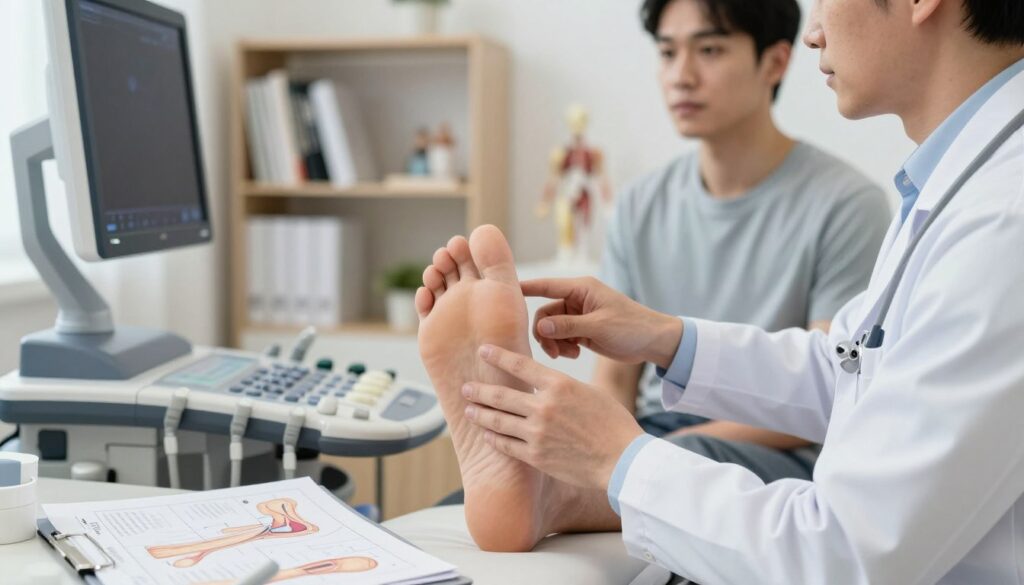A close-up of a medical consultation room focusing on a physician examining a patient's ankle, emphasizing the Achilles tendon. The doctor, dressed in a smart white coat, is using a diagnostic ultrasound machine, pointing to the tendon on the display. The patient, wearing modest athletic clothing, looks attentive and engaged. The foreground features detailed medical equipment like diagrams and charts related to Achilles tendon diagnosis. In the middle ground, the doctor and patient create a dynamic interaction, showing the examination process. The background is softly blurred, including shelves with medical books and anatomical models, creating a professional atmosphere. Soft, natural lighting enhances clarity, evoking a mood of care and expertise suitable for a medical setting.