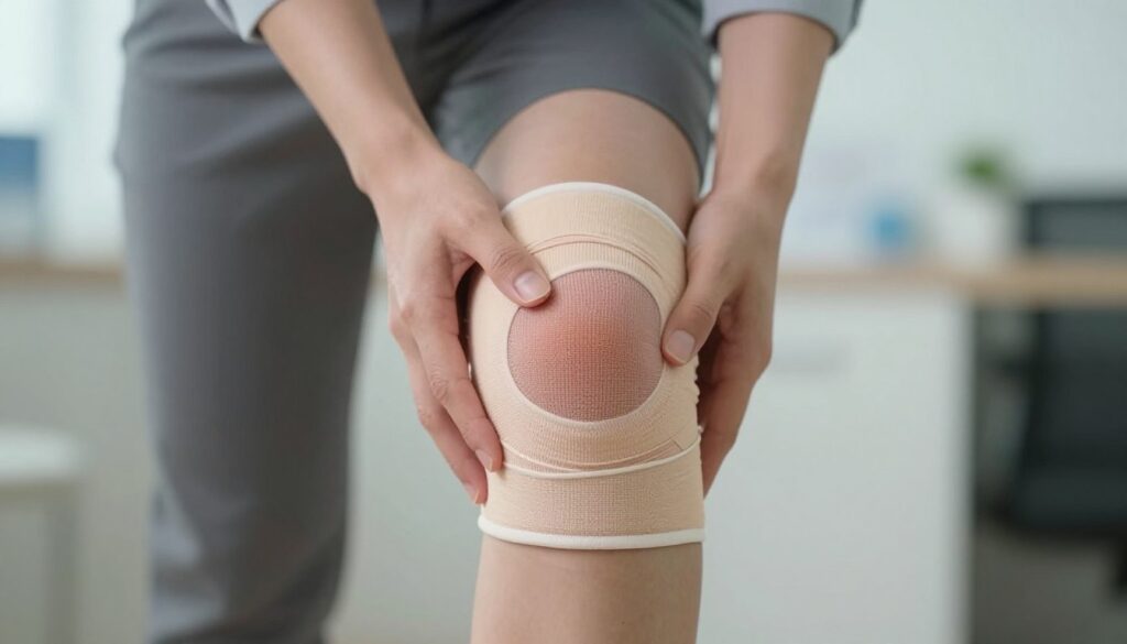 A close-up of a swollen knee, depicting the symptoms of joint edema. The foreground features a well-defined knee in a modest, professional context, perhaps with a light compression sleeve gently wrapping around it to illustrate possible treatment. The middle-ground includes a faint silhouette of a person in business attire, conveying a sense of concern while examining the knee. The background is softly blurred, showcasing a calming, clinical environment with neutral colors and soft lighting, enhancing the focus on the knee. The overall mood is informative and serious, with a hint of reassurance, aiming to educate viewers about the symptoms associated with knee swelling. A close-up of a swollen knee, depicting the symptoms of joint edema. The foreground features a well-defined knee in a modest, professional context, perhaps with a light compression sleeve gently wrapping around it to illustrate possible treatment. The middle-ground includes a faint silhouette of a person in business attire, conveying a sense of concern while examining the knee. The background is softly blurred, showcasing a calming, clinical environment with neutral colors and soft lighting, enhancing the focus on the knee. The overall mood is informative and serious, with a hint of reassurance, aiming to educate viewers about the symptoms associated with knee swelling.