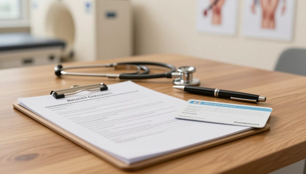 A close-up of essential documents required for a knee MRI, laid out on a sleek, wooden desk. The foreground features a clipboard with a medical consent form, a list of preliminary instructions, and an insurance card, all neatly organized. In the middle, a stethoscope and a pen add a medical touch, enhancing the setting's professionalism. The background shows a softly illuminated room with medical prints on the wall, creating a calming atmosphere. The lighting is warm and inviting, suggesting a sense of reassurance and preparation. This composition exudes clarity and focus, ideal for an informative article on MRI preparation, with no human subjects depicted. A close-up of essential documents required for a knee MRI, laid out on a sleek, wooden desk. The foreground features a clipboard with a medical consent form, a list of preliminary instructions, and an insurance card, all neatly organized. In the middle, a stethoscope and a pen add a medical touch, enhancing the setting's professionalism. The background shows a softly illuminated room with medical prints on the wall, creating a calming atmosphere. The lighting is warm and inviting, suggesting a sense of reassurance and preparation. This composition exudes clarity and focus, ideal for an informative article on MRI preparation, with no human subjects depicted.