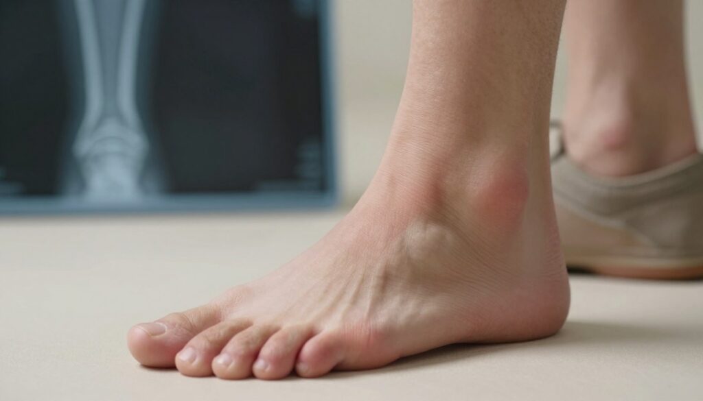 A close-up view of a human foot affected by arthritis, focusing on swollen joints and visible inflammation around the toes and arch. The foot is positioned on a soft, neutral-colored surface, illuminated by soft, diffused lighting to emphasize the texture of the skin and the swollen areas. In the background, lightly blurred medical imagery, such as X-rays or anatomical diagrams, hints at the condition's seriousness without detracting from the foot itself. The mood should convey a sense of seriousness and awareness about chronic pain, aiming to evoke empathy and concern. The foot is clad in professional, modest footwear to maintain a sense of professionalism in the depiction. A close-up view of a human foot affected by arthritis, focusing on swollen joints and visible inflammation around the toes and arch. The foot is positioned on a soft, neutral-colored surface, illuminated by soft, diffused lighting to emphasize the texture of the skin and the swollen areas. In the background, lightly blurred medical imagery, such as X-rays or anatomical diagrams, hints at the condition's seriousness without detracting from the foot itself. The mood should convey a sense of seriousness and awareness about chronic pain, aiming to evoke empathy and concern. The foot is clad in professional, modest footwear to maintain a sense of professionalism in the depiction.