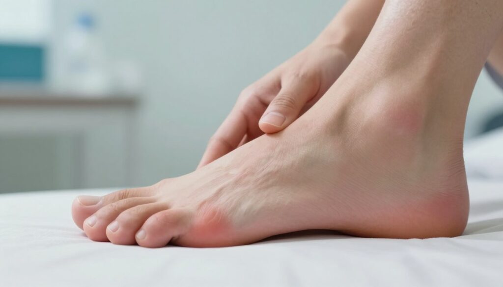 A close-up view of a human foot displaying swollen joints and signs of inflammation, illustrating rheumatoid arthritis. The foreground highlights the foot's arch and toes with noticeable redness and swelling around the metatarsophalangeal joints. The middle section captures a blurred hand gently examining the foot, emphasizing care and concern, while a soft light source casts gentle shadows, enhancing the contours of the foot. In the background, an abstract representation of a medical environment, like a consultation room with clinical colors, subtly blurs to keep focus on the foot. The overall mood is informative and contemplative, suitable for educating viewers about the symptoms of arthritis.