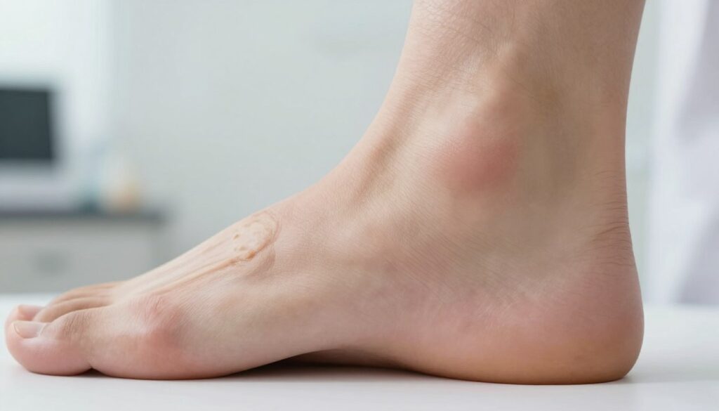 A close-up view of a human foot showing a soft tissue lump beneath the skin, situated on the sole. The focus should be on the foot's arch area, illuminated by soft, natural light to highlight the texture of the skin and the contour of the lump. The foot should be positioned slightly to the side to reveal the subtle details of swelling and inflammation, emphasizing the structure of the soft tissues. In the background, a blurred clinical setting or doctor's office can be subtly indicated, maintaining a clean and professional atmosphere. The overall mood should be educational and informative, inviting curiosity without inducing discomfort, as the image aims to illustrate common causes of foot pain. A close-up view of a human foot showing a soft tissue lump beneath the skin, situated on the sole. The focus should be on the foot's arch area, illuminated by soft, natural light to highlight the texture of the skin and the contour of the lump. The foot should be positioned slightly to the side to reveal the subtle details of swelling and inflammation, emphasizing the structure of the soft tissues. In the background, a blurred clinical setting or doctor's office can be subtly indicated, maintaining a clean and professional atmosphere. The overall mood should be educational and informative, inviting curiosity without inducing discomfort, as the image aims to illustrate common causes of foot pain.