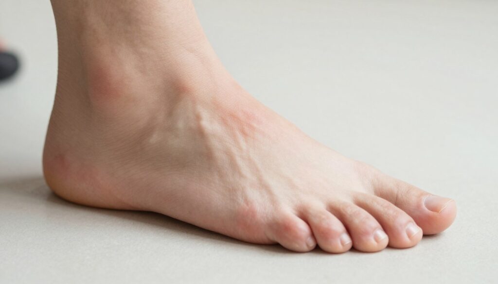A close-up view of a human foot with a focus on the middle toe, showing signs of injury such as swelling and bruising to illustrate common foot injuries like contusions, sprains, dislocations, and fractures. The foot is positioned on a neutral background to emphasize the injury, with soft, natural lighting to highlight the texture of the skin and details of the bruising. The angle is slightly elevated to capture the contour of the foot, creating a professional and informative mood. Avoid any distracting elements in the background to keep the focus on the injury. The foot should be depicted in modest footwear, ensuring a safe for work presentation that maintains a clinical aesthetic.