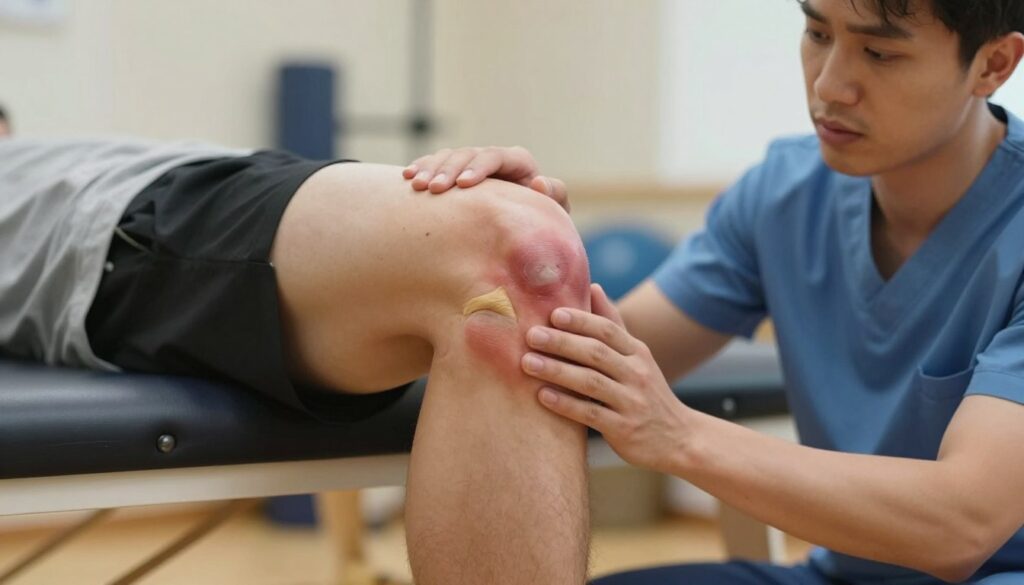 A close-up view of a human knee in professional athletic attire, showcasing signs of ligament injury. The foreground features the knee, highlighting swelling and bruising around the joint area, with an emphasis on the patella and surrounding ligaments. In the middle, a physiotherapist's hands gently assess the knee, demonstrating a range of motion, with a focused expression that conveys concern and professionalism. The background shows a softly blurred physical therapy clinic with warm lighting, emphasizing a sense of care and healing. Capture the mood of determination and resilience, with a shallow depth of field to draw attention to the knee and the therapist’s hands.